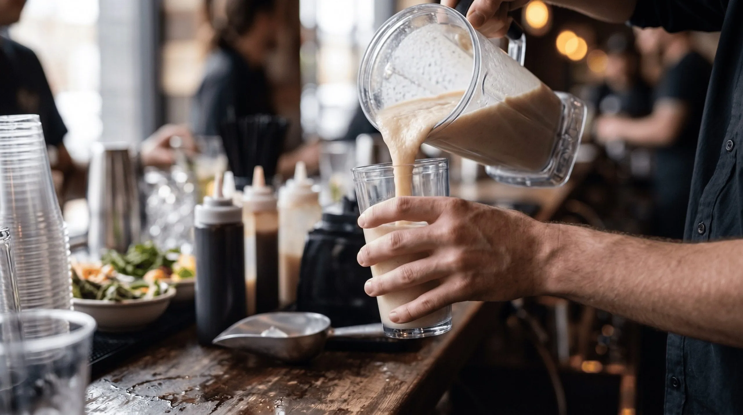 Barista pouring a blended frozen drink from a blender pitcher into a clear glass at a busy café counter