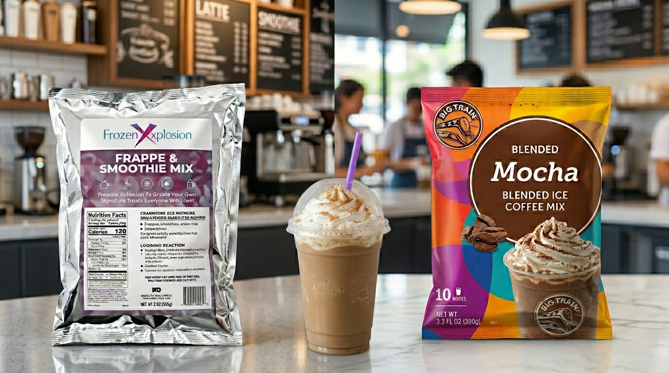 Frozen Xplosion frappe and smoothie mix bag next to a finished mocha frappe with whipped cream and a Big Train Blended Mocha Blended Ice Coffee Mix bag, displayed on a coffee shop counter