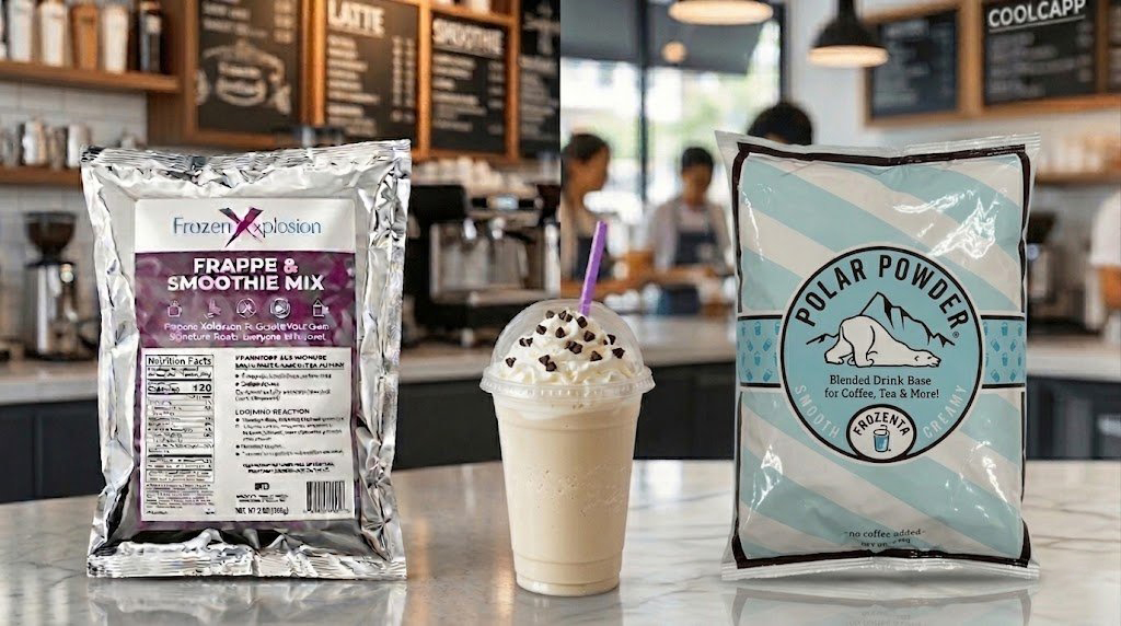 Frozen Xplosion frappe and smoothie mix bag next to a finished frappe drink and a Frozenta Polar Powder bag, shown side by side in a coffee shop setting