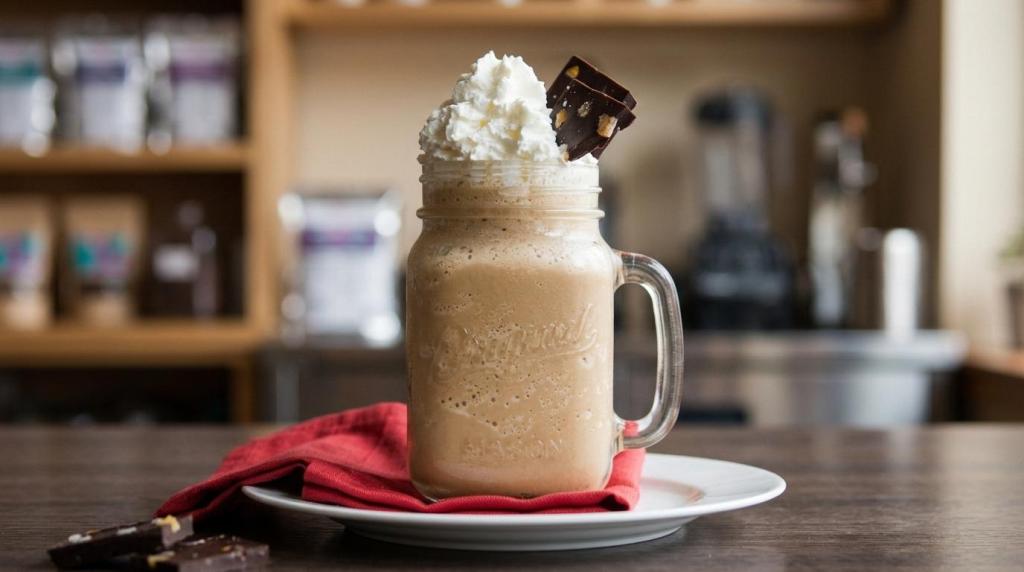 Chocolate frappe served in a mason jar mug with whipped cream and a chocolate garnish, prepared using Frozen Xplosion frappe base