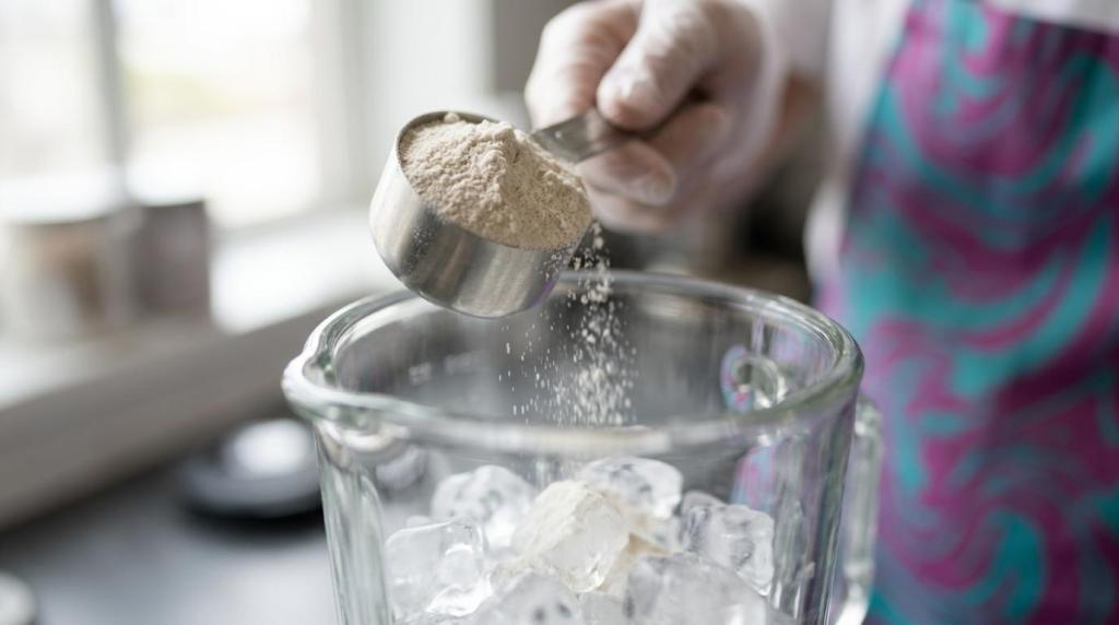 Barista scooping Frozen Xplosion bulk smoothie mix powder into a blender filled with ice