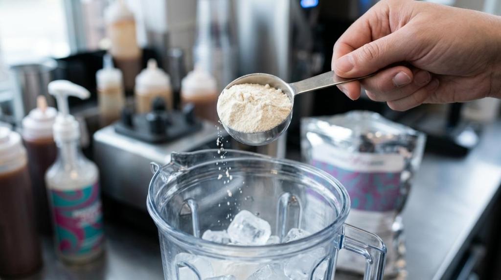 Barista scooping Frozen Xplosion frappe base powder into a blender with ice at a drive-thru beverage station