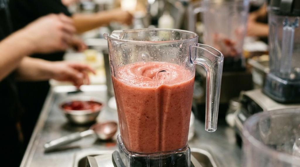 Strawberry smoothie blending in a commercial bar blender on a stainless steel restaurant prep counter, with staff working in the background