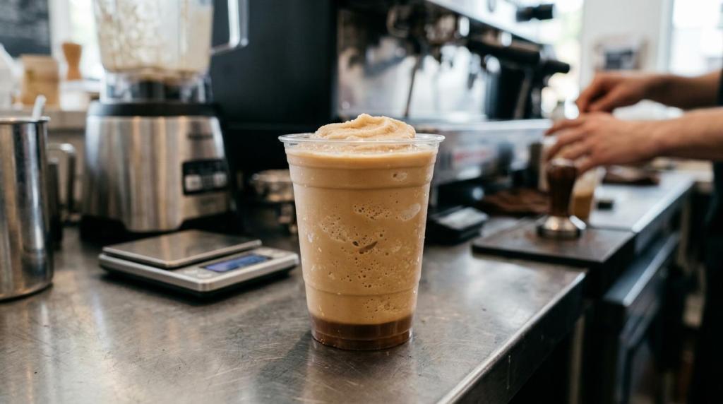 Blended coffee frappe in a clear plastic cup on a stainless steel café counter with a commercial blender, espresso machine, and barista working in the background