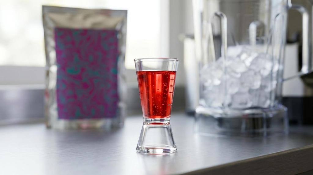 Red fruit concentrate measured in a jigger on a commercial bar counter, with a Frozen Xplosion product bag and ice bin in the background