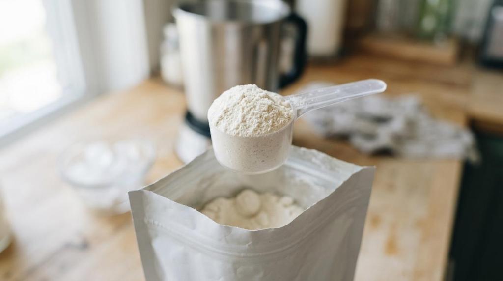 Scoop of neutral smoothie base powder resting on an open pouch with a blender in the background